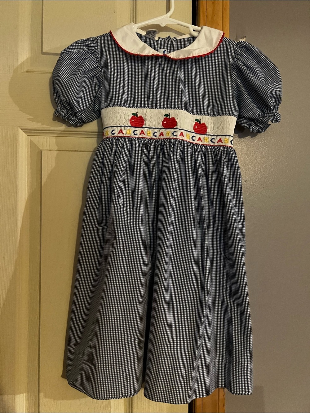 Silly Goose Blue Gingham Smocked Apple Dress with White Collar, size 5